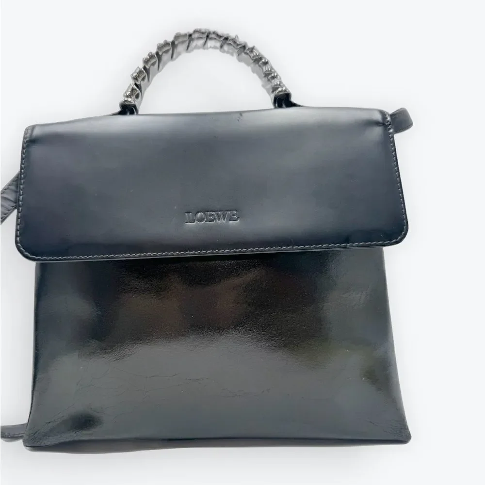 Auth Loewe Black Green Leather Top Handle 2way  Satchel Preloved Vtg Purse Bag